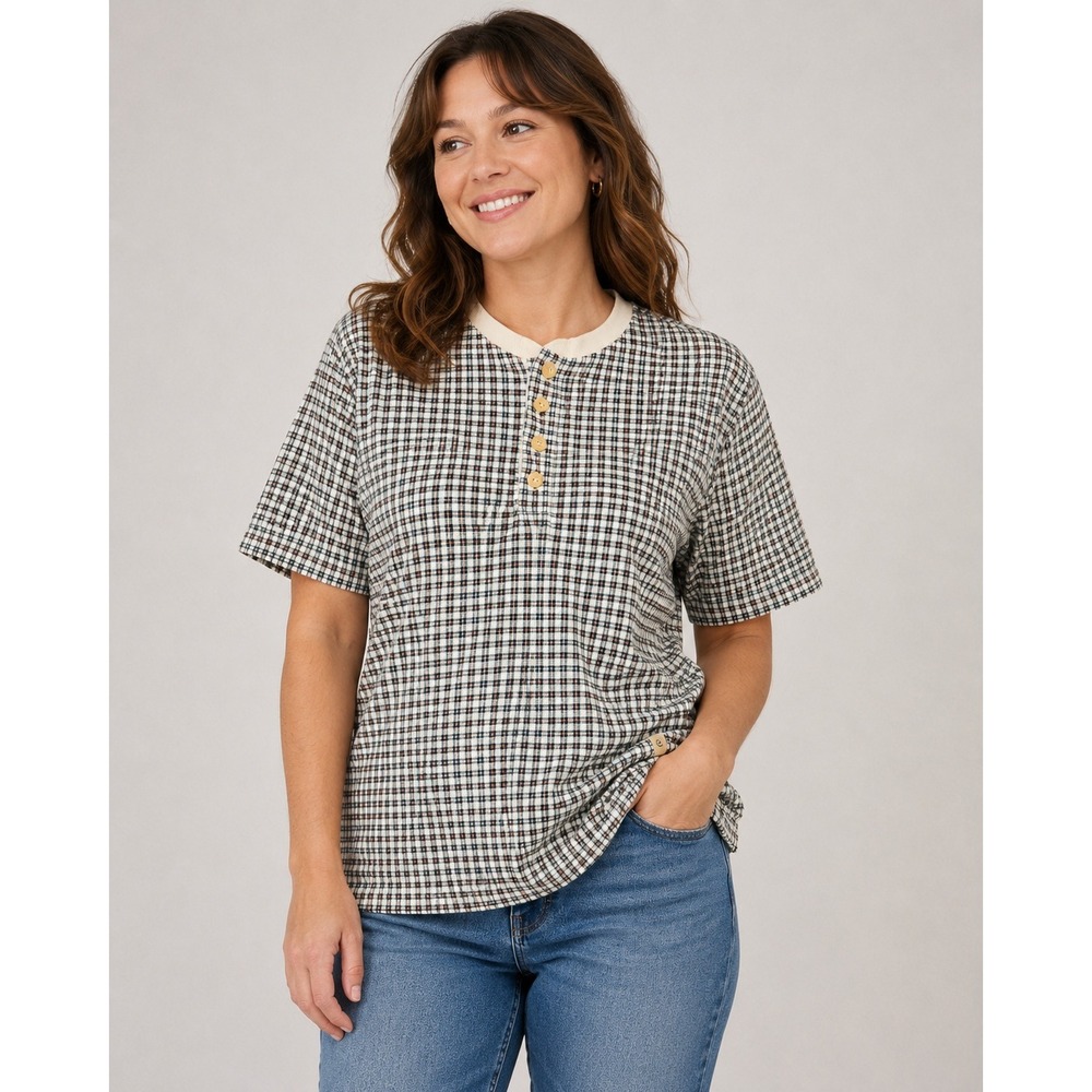 Basic Equipment Vintage 90s Plaid Henley Shirt Womens Medium Cotton Short Sleeve